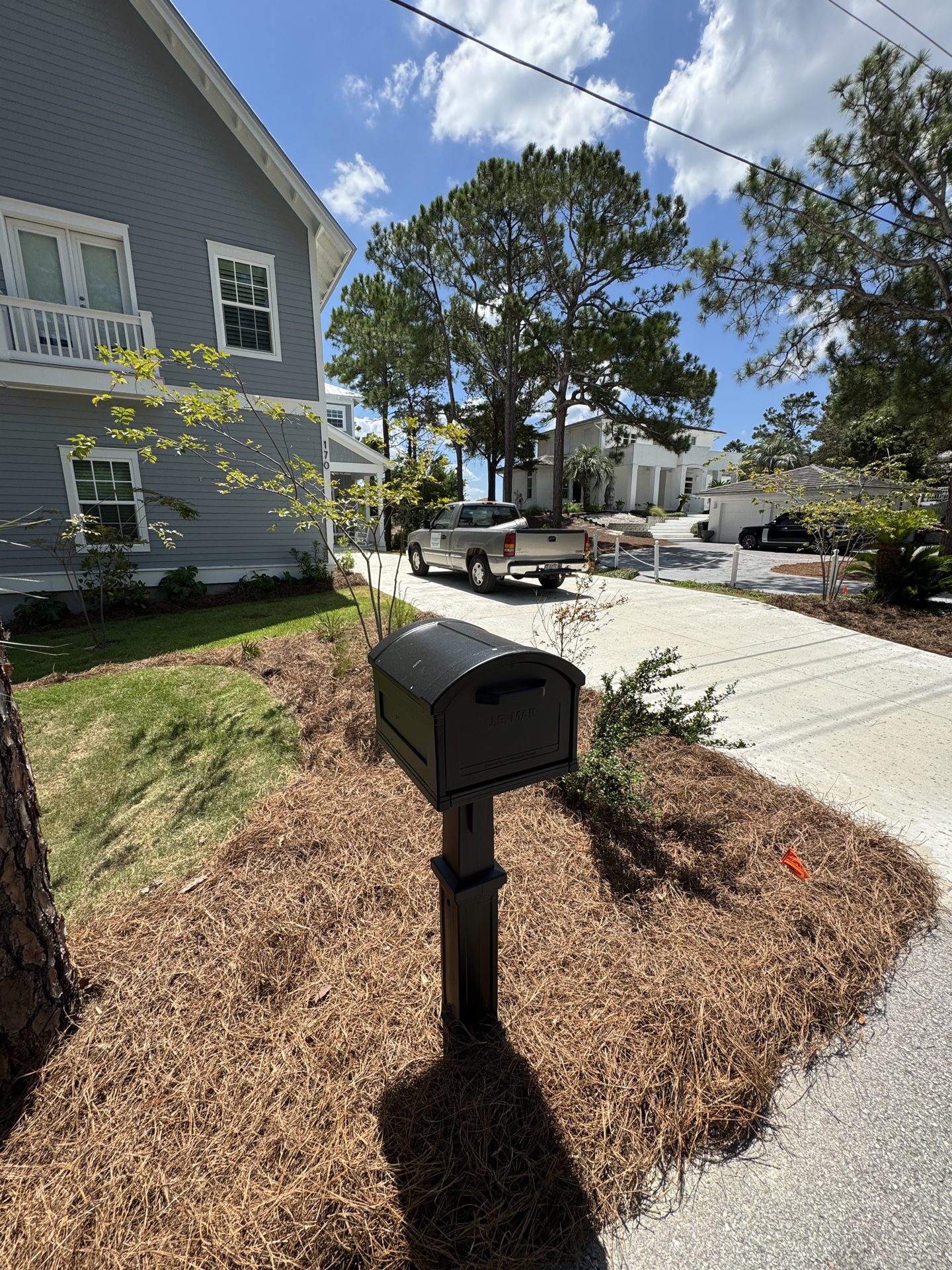 Freshly installed pine straw beds surrounding a coastal residence
